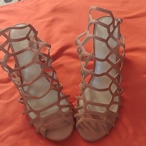 Tan strappy block heel